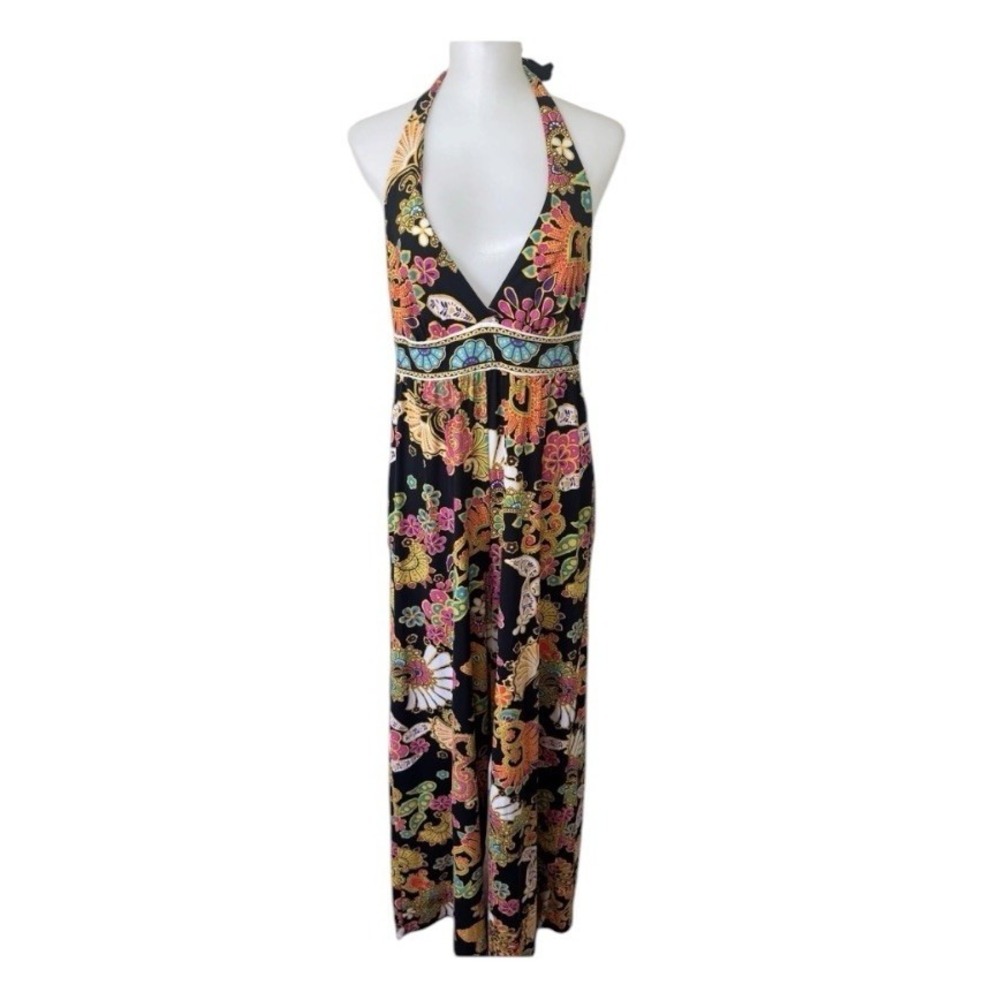 Trina Turk Retro Floral Halter Wide Leg Jumpsuit Resort Large Black